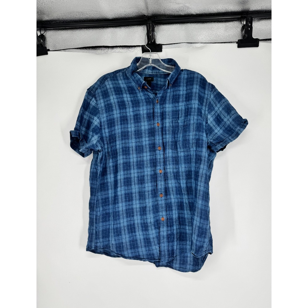 J Crew Baird Mcnutt Shirt Blue Irish 100% Linen Plaid Short Sleeve Button Up L